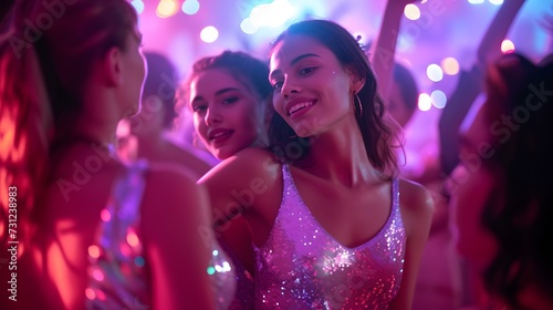 Joyful youth enjoying a sparkling night out, dancing in vibrant club. energetic party atmosphere captured in vivid colors. AI