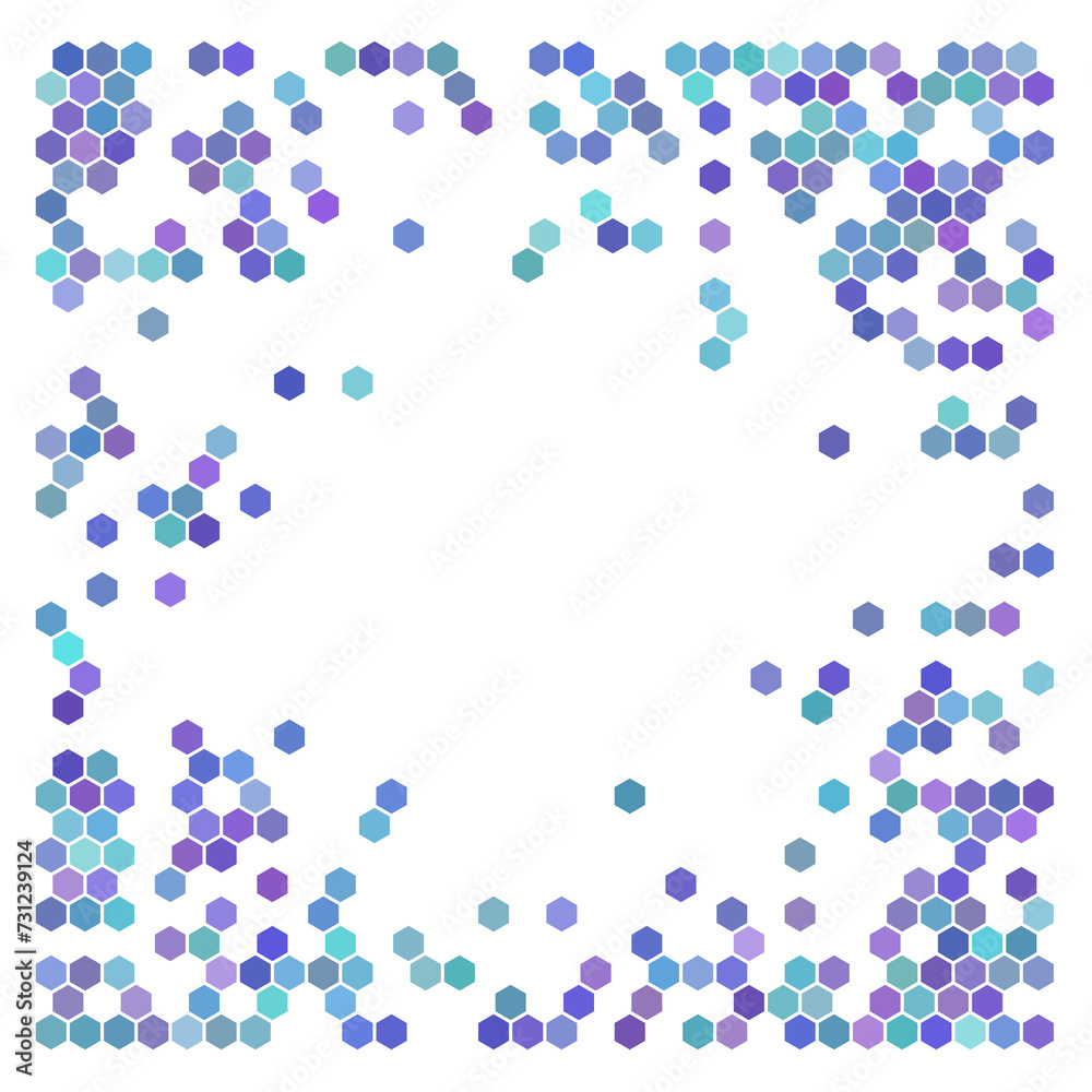Blue and purple hexagons, halftone random background.	