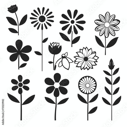 Black and white vector illustration of various flower silhouettes, showcasing diverse floral shapes and patterns.