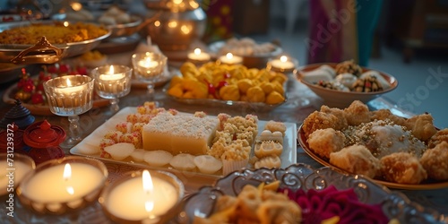 Festive table spread with traditional sweets and lit candles. cultural celebration feast. vibrant  warm ambiance. asian culinary style. AI