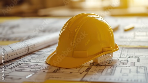 yellow safety helmet over a rolled-up blueprint