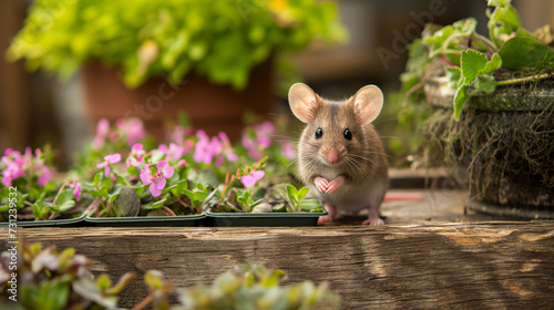 Rato fofo na horta com mudas e flores 