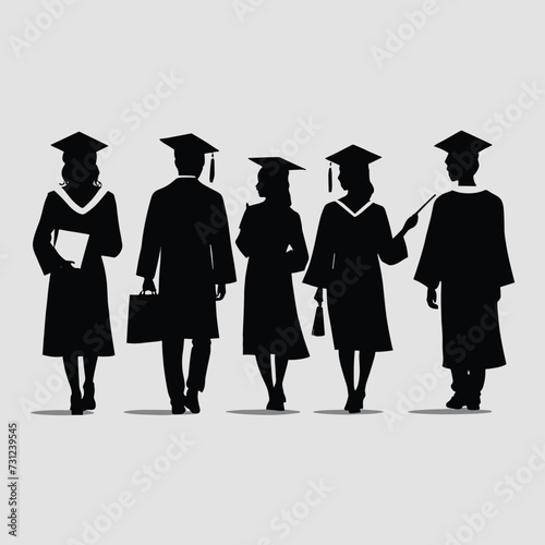 Silhouettes of diverse graduates wearing caps and gowns celebrating their academic achievement against a plain background.