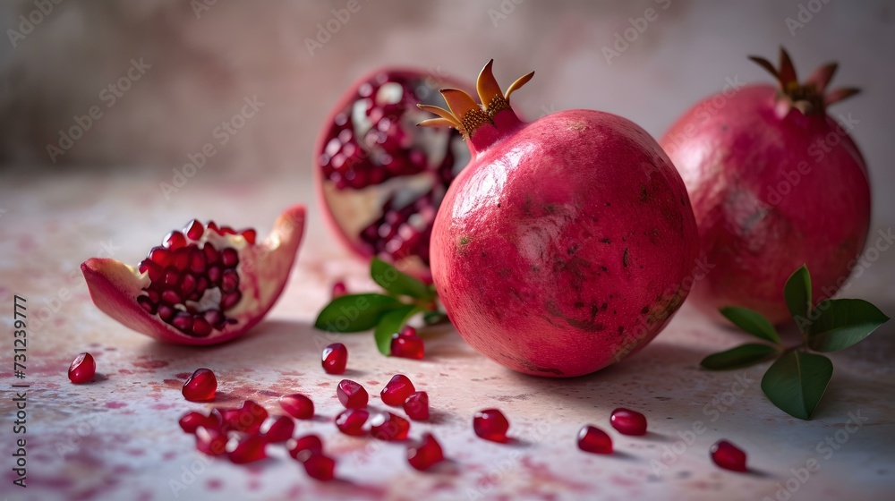 Fresh pomegranates on a textured backdrop, vibrant fruit still life. healthy food concept with copy space. natural lighting, soft focus photography. AI Fresh pomegranates on a textured backdrop, vibrant fruit still life. healthy food concept with copy space. natural lighting, soft focus photography. AI