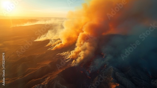 A large fire is burning on a mountain range with smoke billowing out, AI