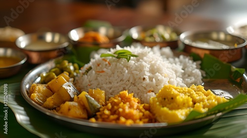 Traditional south indian meal served on banana leaf, authentic ethnic cuisine set. homestyle cooking, vegetarian food. AI photo