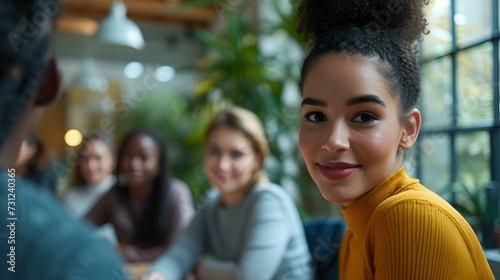 Young woman engaging in a group conversation. casual business meeting in a modern office space. expressive facial features capture attention. perfect for communication-related content. AI