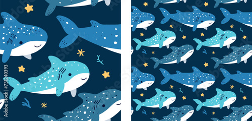 Whale Shark Cute Marine Underwater Seamless Pattern Vector Illustration Kids Nursery Background