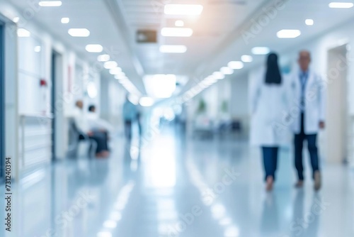 Abstract blurred image of doctor and patient people in a hospital interior or clinic corridor Offering a background that conveys the busy and caring atmosphere of healthcare facilities © Bijac