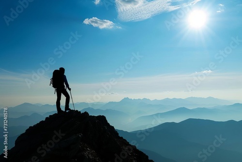 Adventurous hiker at the mountain summit Silhouette against a breathtaking panorama Embodying the triumph of reaching new heights