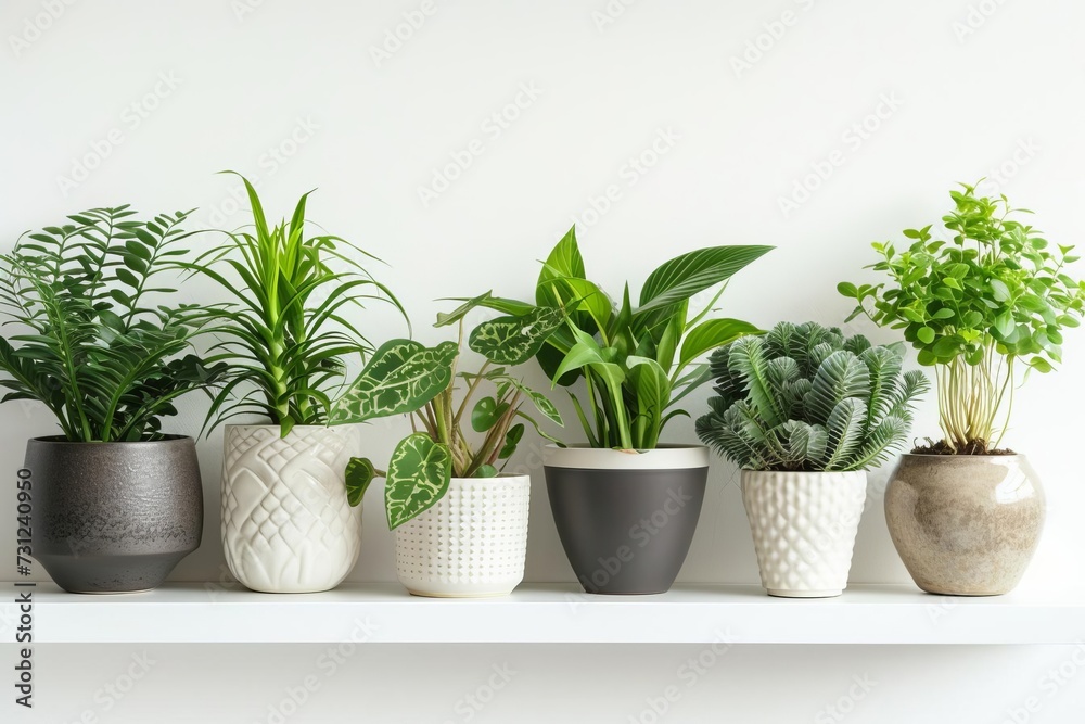 Assortment of lush houseplants in stylish ceramic pots Beautifully displayed on a white shelf against a clean backdrop Creating a refreshing and vibrant home garden scene