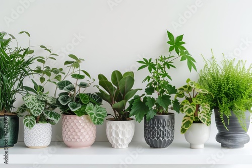 Assortment of lush houseplants in stylish ceramic pots Beautifully displayed on a white shelf against a clean backdrop Creating a refreshing and vibrant home garden scene