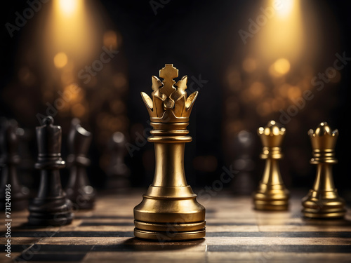 Close up the golden queen chess piece standing alone on a chessboard on a dark background. Leader  influencer  lonely  commander  strong  and business strategy concept design. Game business design