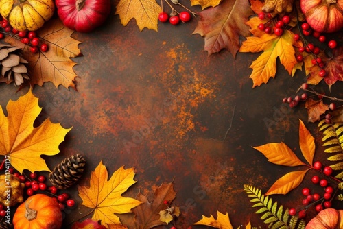 Autumn-themed background with vibrant leaves and seasonal elements Creating a warm and inviting atmosphere for fall celebrations and decor.