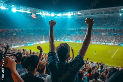 Back view of football or soccer fans cheering their team in a crowded stadium at night Capturing the passion Excitement And community spirit of sports enthusiasts