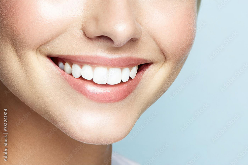 Obraz premium Dental care and health.Woman smile.Correct healthy care of white teeth with clean skin and make-up, beautiful female face,pure beauty,light blue background.