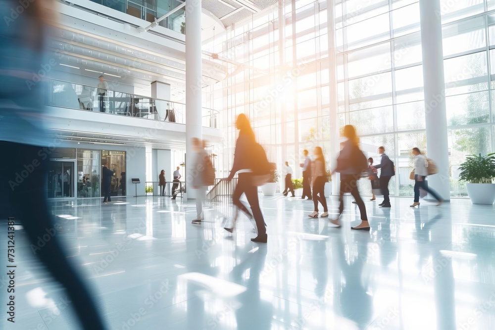 Bright business workplace with people walking in blurred motion Set in a modern office space Capturing the energy and professionalism of a contemporary work environment Bright business workplace with people walking in blurred motion Set in a modern office space Capturing the energy and professionalism of a contemporary work environment