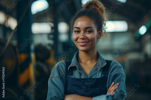 Capturing Contentment: Smiling Woman Standing Tall in the Industrial Realm