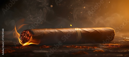 Smokey cigar on a mystical glowing backdrop. ember and aroma in the air. luxury and relaxation depicted in warm tones. ideal for classy themes. AI