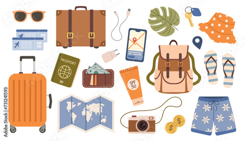 Travel vector illustration set. Big set of trip accessories.