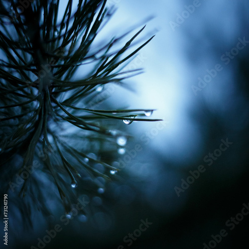 pine branches with droplets of water