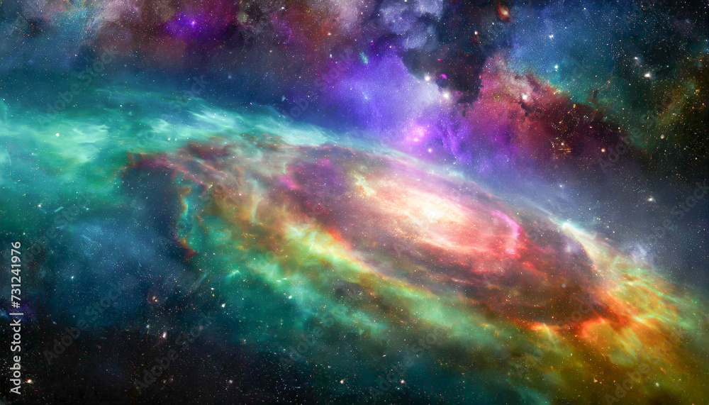 Nebula night star sky in rainbow colors. Multicolor outer space.