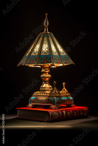 book with lamp in dark room, in the style of eastern-inspired motifs, light red and blue, moosa al halyan photo