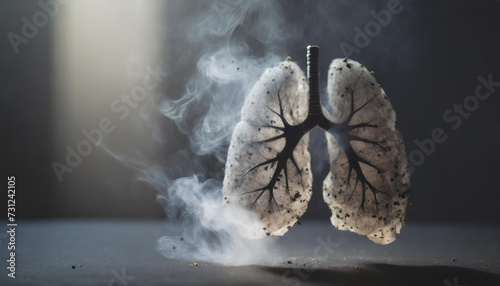 Impact of smoking, air pollution on lungs disease.Lungs flies in a smoked room,dark gray blurred background, copy space.