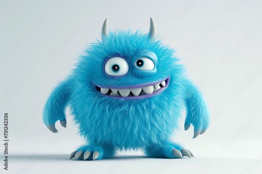 Cute blue furry 3d cartoon monster character Offering a whimsical and playful element for creative projects Children's content Or entertainment designs