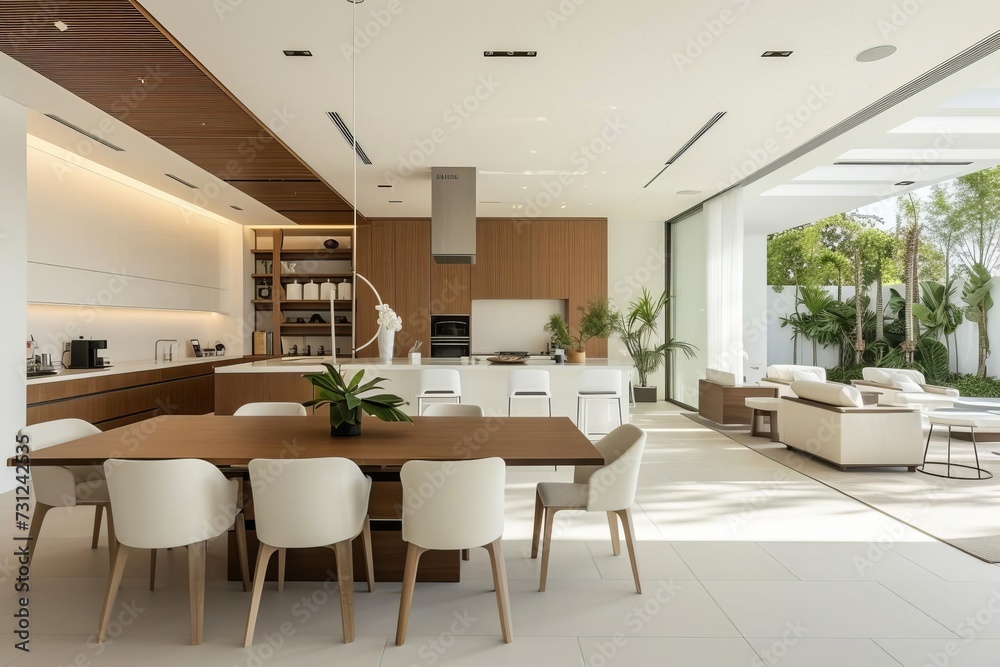 Dining room and kitchen in a contemporary open plan home Featuring a minimalist design with white walls Elegant furniture And a focus on spacious and functional living spaces