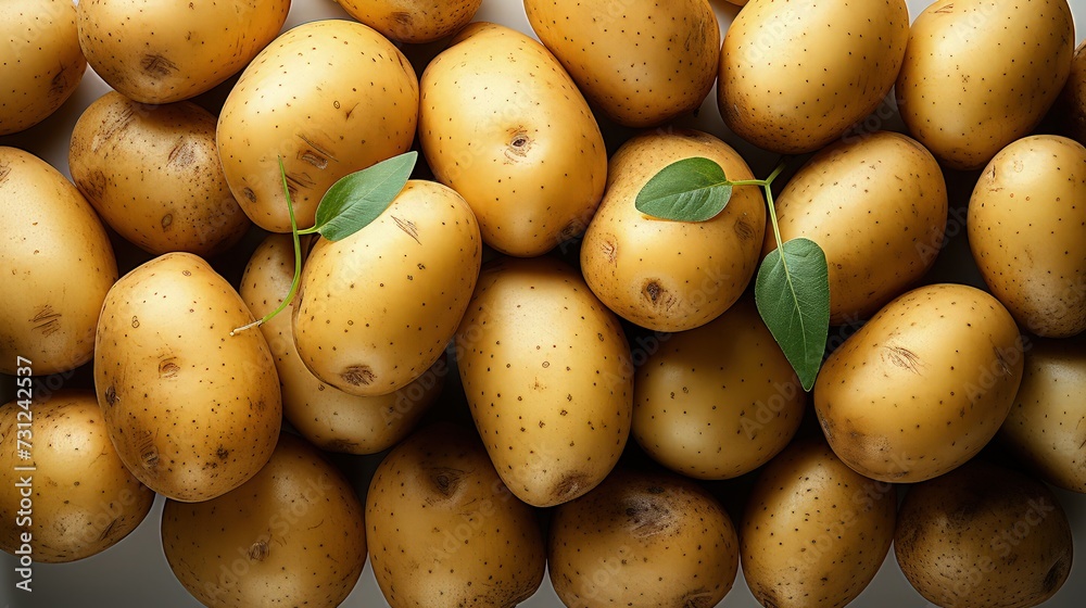 Pile of potatoes on white table. Top view. Pile of potatoes on white table. Top view.
