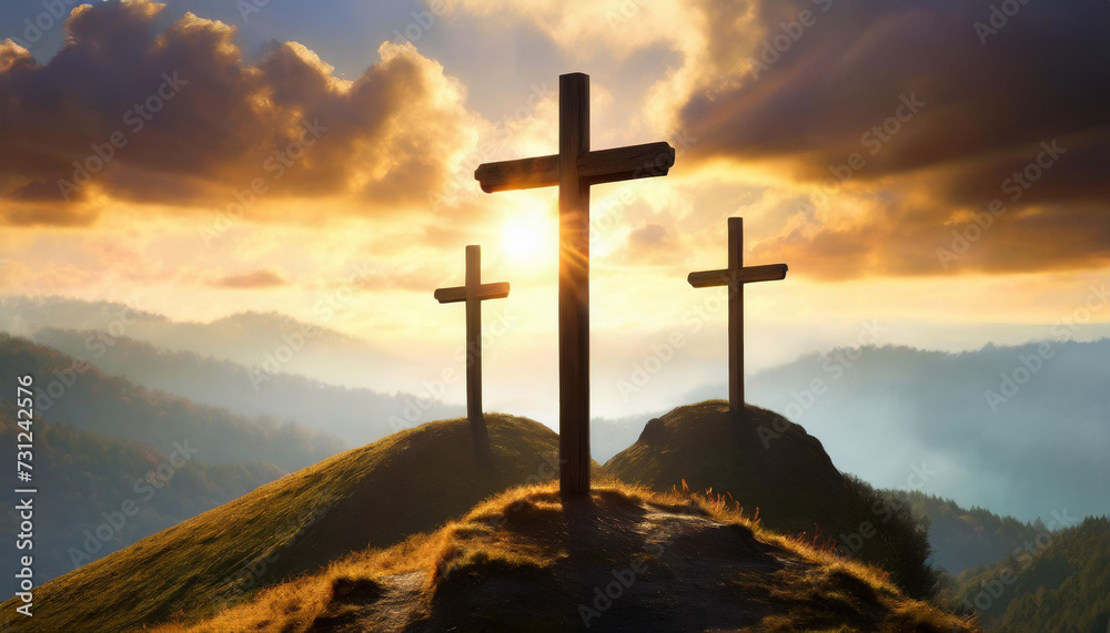 Three crosses on hill. Crucifixion Of Jesus Christ At Sunrise,dramatic clouds. Passion Of Jesus Christ.Good friday. Three crosses on hill. Crucifixion Of Jesus Christ At Sunrise,dramatic clouds. Passion Of Jesus Christ.Good friday.
