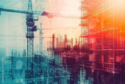 Digital illustration of building construction engineering with a futuristic double exposure effect Showcasing the synergy between architecture Engineering And technology