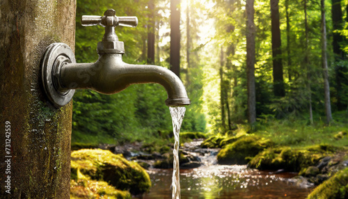 A metal water tap with water dripping from it.green forest backg photo
