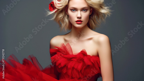 Creative fashion banner with beautiful blond woman in fluffy red dress on black background. Fashion beauty sale holiday concept
