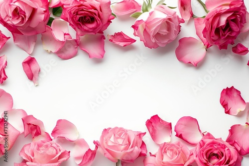 Elegant web banner featuring a close-up of blooming pink roses and petals Creating a beautiful floral frame on a clean white background. ideal for romantic and special occasions