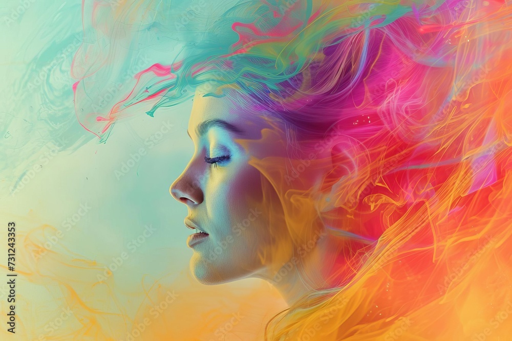 Fantasy abstract portrait of a woman blending with a colorful digital paint splash Creating an ethereal and artistic representation of beauty and creativity