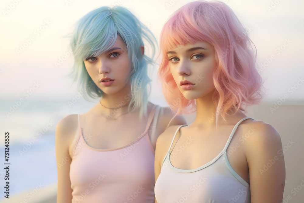 Two young girls in summer clothes, trendy pastel colored hair, friendship, sisterhood, love. Two young girls in summer clothes, trendy pastel colored hair, friendship, sisterhood, love.