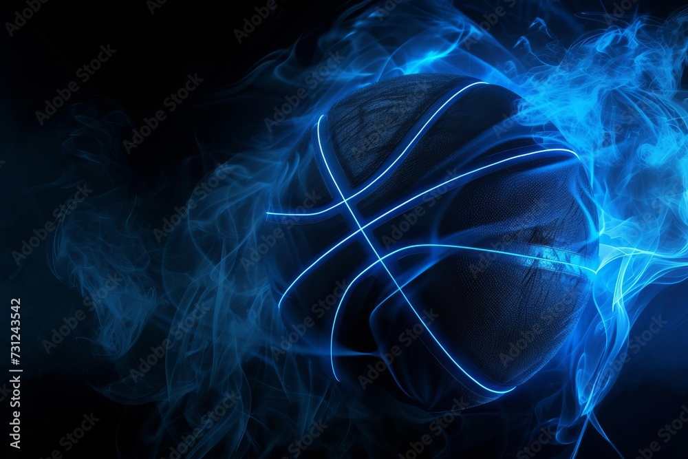 Futuristic black basketball with bright blue glowing neon lines on a dark background Surrounded by smoke Creating a dynamic and modern sports-themed image Futuristic black basketball with bright blue glowing neon lines on a dark background Surrounded by smoke Creating a dynamic and modern sports-themed image