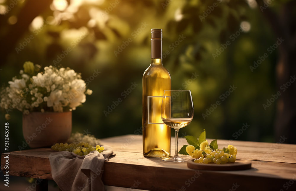 Fototapeta premium Late afternoon sun illuminates a bottle and glass of white wine, with ripe grapes and flowers on a rustic wooden table. 