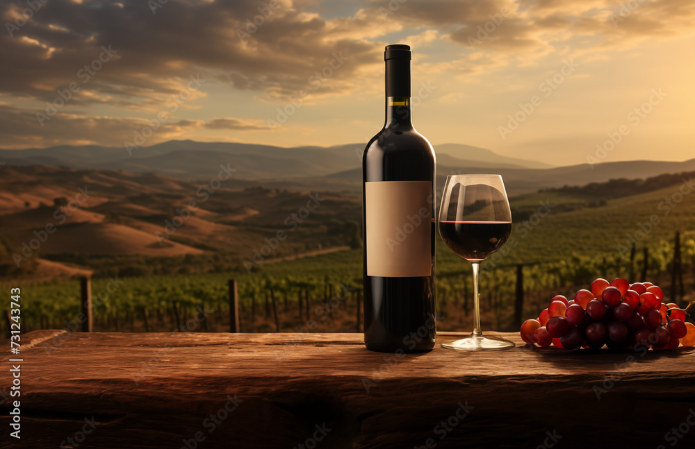 A robust red wine in a glass beside its bottle with a blank label on a wooden ledge, with a picturesque view of expansive vineyards at dusk.
