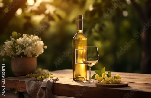 Late afternoon sun illuminates a bottle and glass of white wine, with ripe grapes and flowers on a rustic wooden table. 