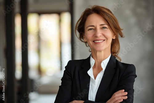 Happy smiling middle-aged business woman A portrait of professionalism and confidence An image of success and leadership in the corporate world