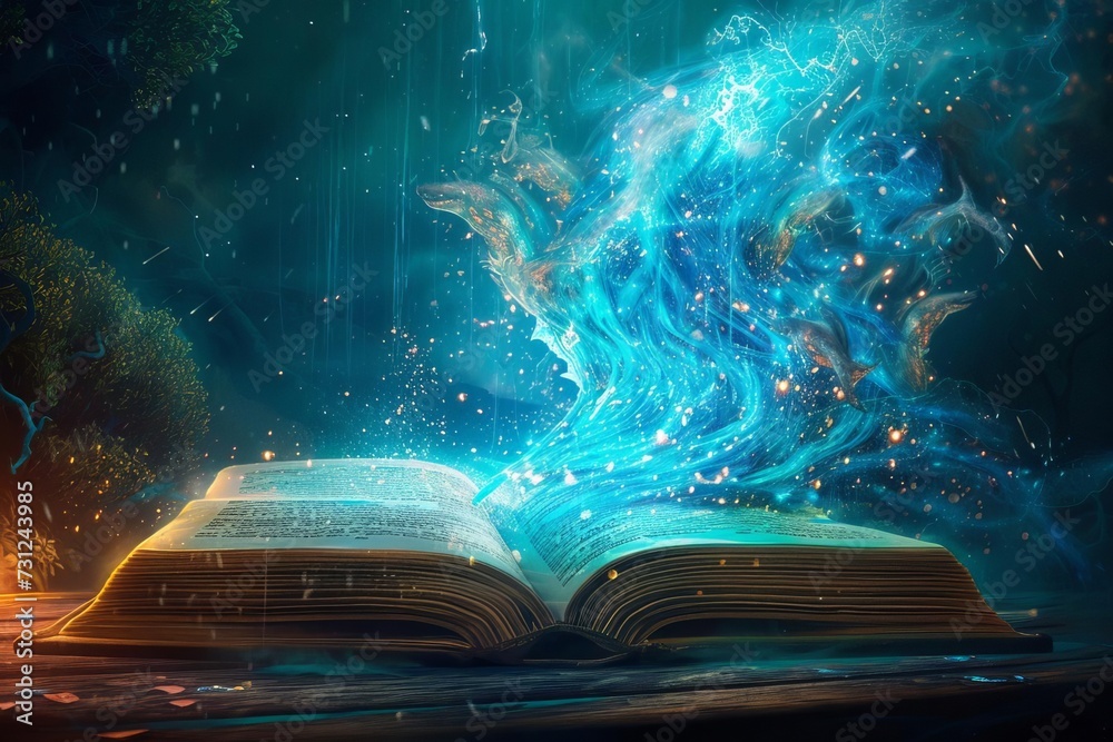 Illustration of a mystical book that opens to reveal a world of fantasy stories With magical creatures and ancient secrets waiting to be discovered - obrazy, fototapety, plakaty 