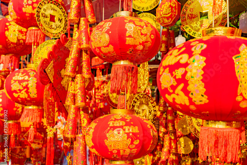 The fair before the Lunar New Year.
The Eastern New Year according to the lunar calendar. Sale of attributes and jewelry in Nha Trang in Vietnam.