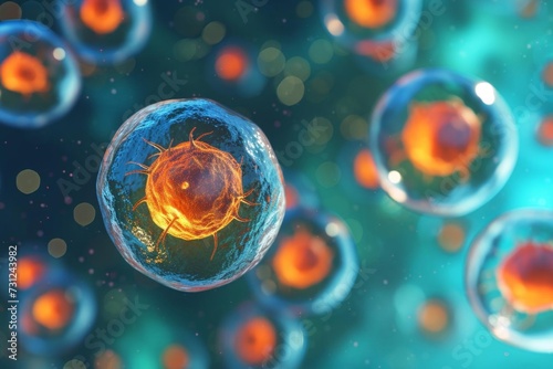 Illustration of cellular therapy and regeneration Depicting a microscopic view of body cells Emphasizing advancements in medical research and stem cell therapy