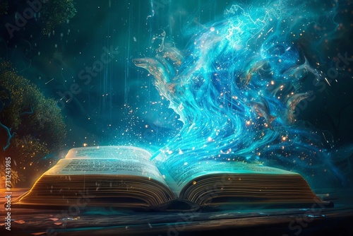 Illustration of a mystical book that opens to reveal a world of fantasy stories With magical creatures and ancient secrets waiting to be discovered