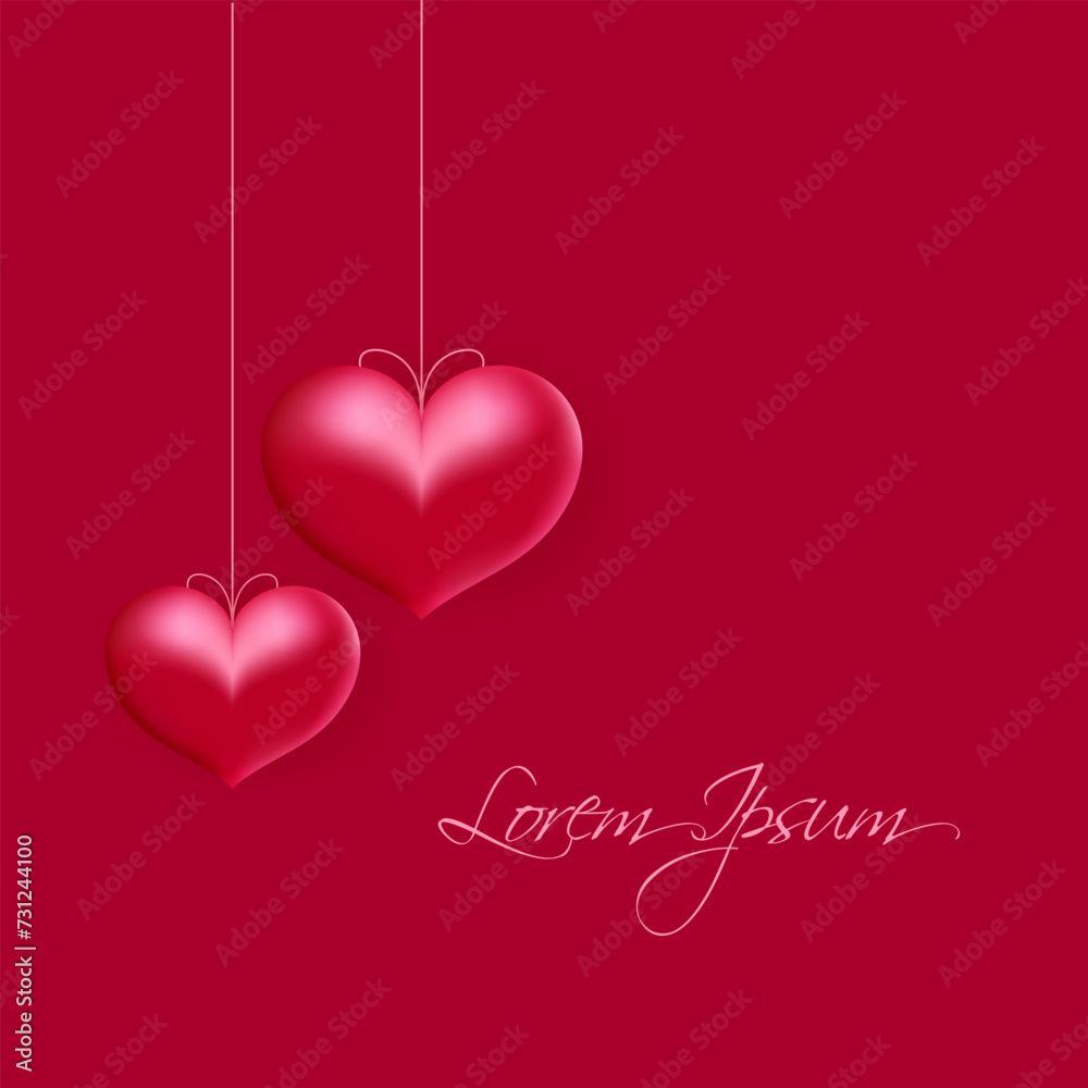 Valentine's day background with two red hearts and place for text on a red background. Vector illustration