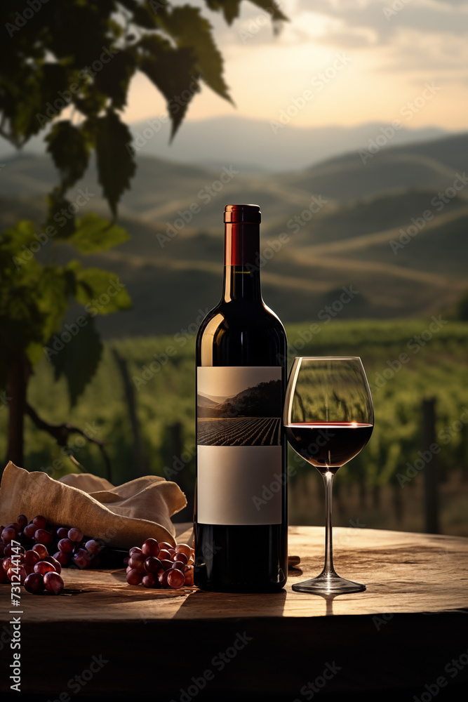 A serene wine setup with a bottle and glass on a rustic table overlooking a sunlit vineyard landscape.
