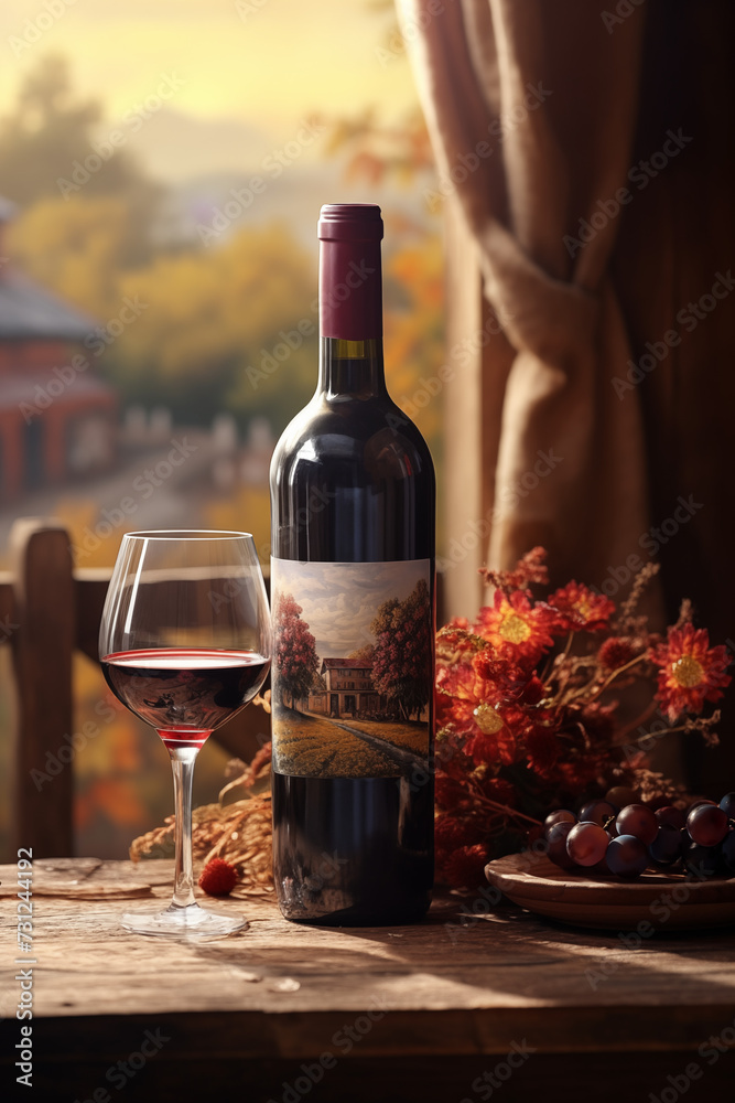 Elegant red wine bottle and glass set on a rustic wooden table with autumnal background and vibrant foliage.
